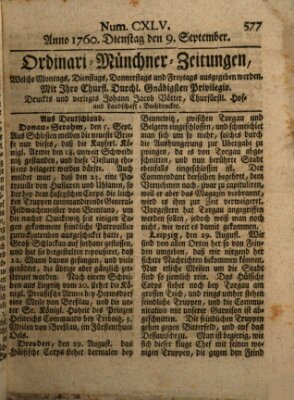 Ordinari-Münchner-Zeitungen (Süddeutsche Presse) Dienstag 9. September 1760