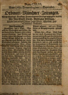 Ordinari-Münchner-Zeitungen (Süddeutsche Presse) Donnerstag 11. September 1760