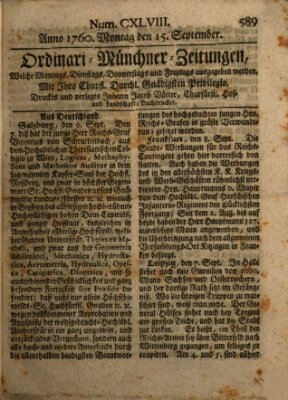 Ordinari-Münchner-Zeitungen (Süddeutsche Presse) Montag 15. September 1760