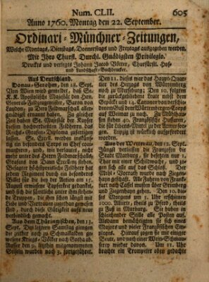 Ordinari-Münchner-Zeitungen (Süddeutsche Presse) Montag 22. September 1760