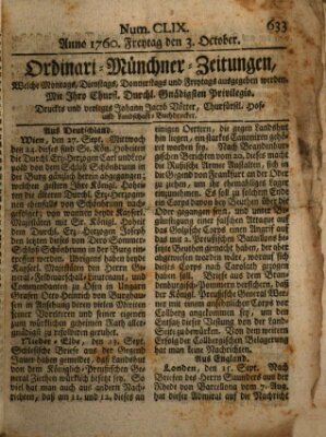 Ordinari-Münchner-Zeitungen (Süddeutsche Presse) Freitag 3. Oktober 1760