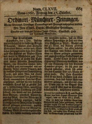 Ordinari-Münchner-Zeitungen (Süddeutsche Presse) Freitag 17. Oktober 1760