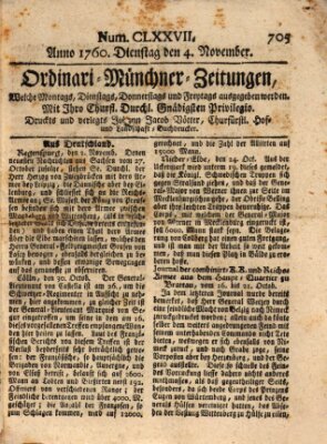 Ordinari-Münchner-Zeitungen (Süddeutsche Presse) Dienstag 4. November 1760