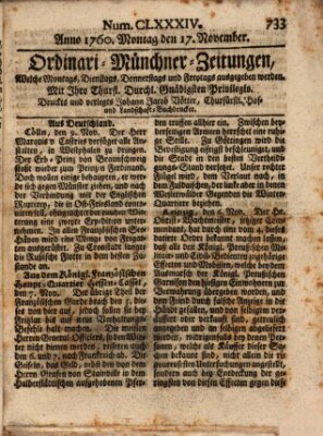 Ordinari-Münchner-Zeitungen (Süddeutsche Presse) Montag 17. November 1760