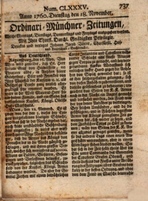 Ordinari-Münchner-Zeitungen (Süddeutsche Presse) Dienstag 18. November 1760