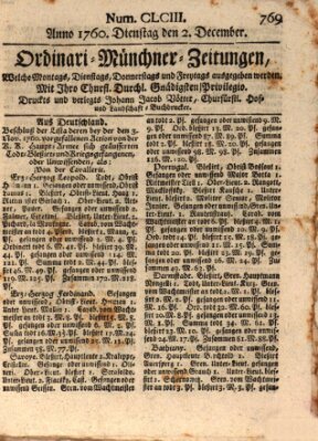 Ordinari-Münchner-Zeitungen (Süddeutsche Presse) Dienstag 2. Dezember 1760