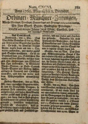 Ordinari-Münchner-Zeitungen (Süddeutsche Presse) Montag 8. Dezember 1760