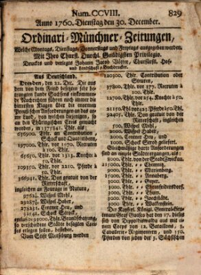 Ordinari-Münchner-Zeitungen (Süddeutsche Presse) Dienstag 30. Dezember 1760