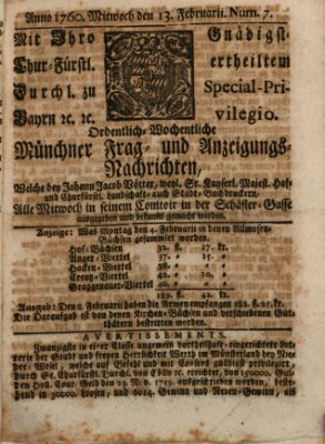 Ordinari-Münchner-Zeitungen (Süddeutsche Presse) Mittwoch 13. Februar 1760