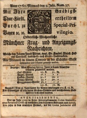 Ordinari-Münchner-Zeitungen (Süddeutsche Presse) Mittwoch 2. Juli 1760