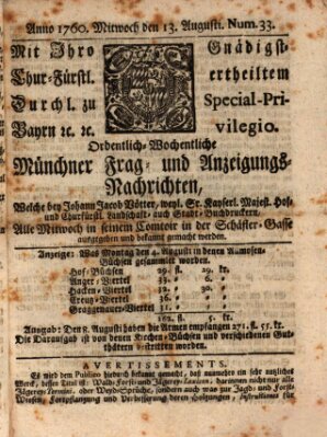 Ordinari-Münchner-Zeitungen (Süddeutsche Presse) Mittwoch 13. August 1760