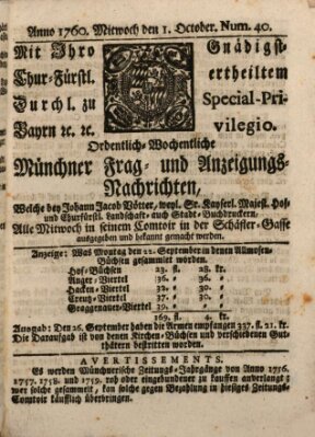 Ordinari-Münchner-Zeitungen (Süddeutsche Presse) Mittwoch 1. Oktober 1760