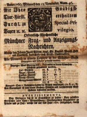 Ordinari-Münchner-Zeitungen (Süddeutsche Presse) Mittwoch 12. November 1760