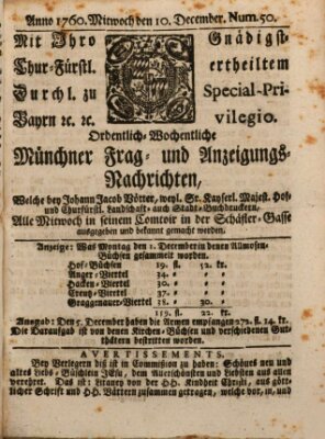 Ordinari-Münchner-Zeitungen (Süddeutsche Presse) Mittwoch 10. Dezember 1760