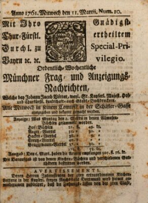 Ordinari-Münchner-Zeitungen (Süddeutsche Presse) Mittwoch 11. März 1761