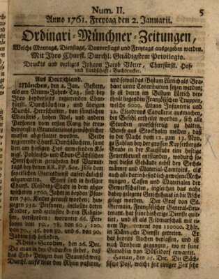 Ordinari-Münchner-Zeitungen (Süddeutsche Presse) Freitag 2. Januar 1761