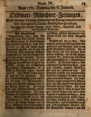 Ordinari-Münchner-Zeitungen (Süddeutsche Presse) Dienstag 6. Januar 1761