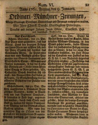 Ordinari-Münchner-Zeitungen (Süddeutsche Presse) Freitag 9. Januar 1761