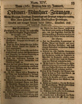 Ordinari-Münchner-Zeitungen (Süddeutsche Presse) Freitag 23. Januar 1761