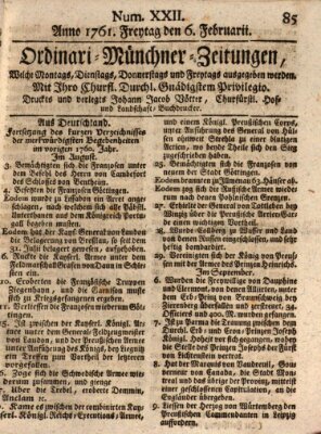 Ordinari-Münchner-Zeitungen (Süddeutsche Presse) Freitag 6. Februar 1761