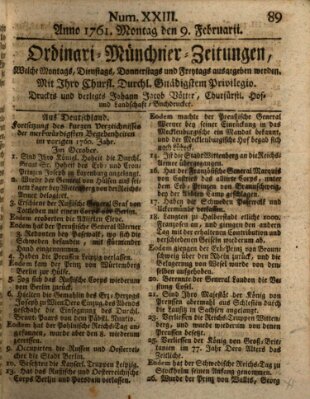 Ordinari-Münchner-Zeitungen (Süddeutsche Presse) Montag 9. Februar 1761