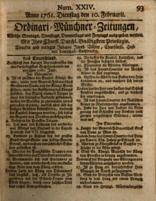 Ordinari-Münchner-Zeitungen (Süddeutsche Presse) Dienstag 10. Februar 1761