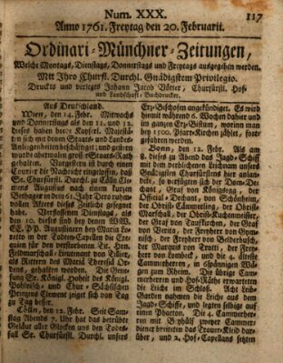 Ordinari-Münchner-Zeitungen (Süddeutsche Presse) Freitag 20. Februar 1761