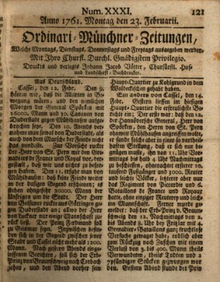 Ordinari-Münchner-Zeitungen (Süddeutsche Presse) Montag 23. Februar 1761