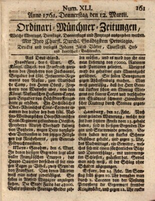 Ordinari-Münchner-Zeitungen (Süddeutsche Presse) Donnerstag 12. März 1761