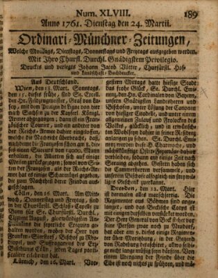 Ordinari-Münchner-Zeitungen (Süddeutsche Presse) Dienstag 24. März 1761