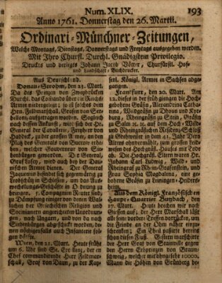 Ordinari-Münchner-Zeitungen (Süddeutsche Presse) Donnerstag 26. März 1761