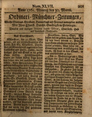 Ordinari-Münchner-Zeitungen (Süddeutsche Presse) Monday 30. March 1761