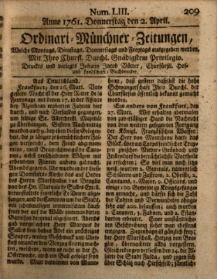 Ordinari-Münchner-Zeitungen (Süddeutsche Presse) Donnerstag 2. April 1761