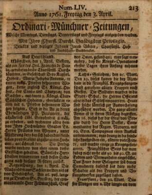 Ordinari-Münchner-Zeitungen (Süddeutsche Presse) Freitag 3. April 1761