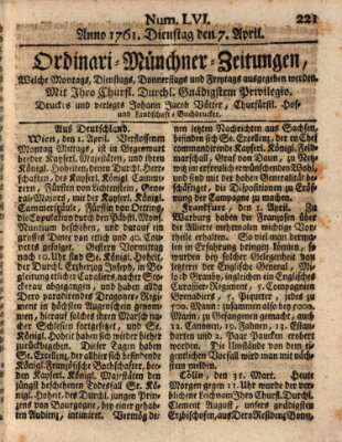 Ordinari-Münchner-Zeitungen (Süddeutsche Presse) Dienstag 7. April 1761