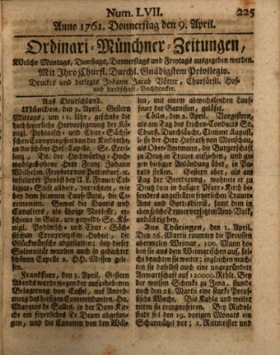 Ordinari-Münchner-Zeitungen (Süddeutsche Presse) Donnerstag 9. April 1761