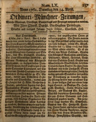 Ordinari-Münchner-Zeitungen (Süddeutsche Presse) Dienstag 14. April 1761