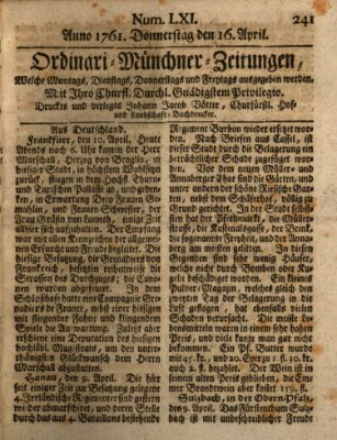 Ordinari-Münchner-Zeitungen (Süddeutsche Presse) Donnerstag 16. April 1761