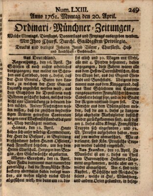 Ordinari-Münchner-Zeitungen (Süddeutsche Presse) Montag 20. April 1761