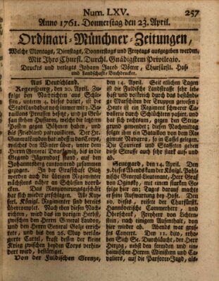 Ordinari-Münchner-Zeitungen (Süddeutsche Presse) Thursday 23. April 1761