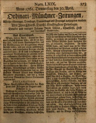 Ordinari-Münchner-Zeitungen (Süddeutsche Presse) Donnerstag 30. April 1761