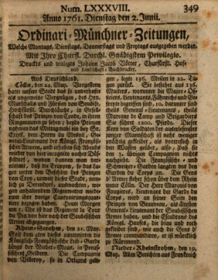 Ordinari-Münchner-Zeitungen (Süddeutsche Presse) Dienstag 2. Juni 1761