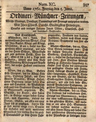 Ordinari-Münchner-Zeitungen (Süddeutsche Presse) Freitag 5. Juni 1761