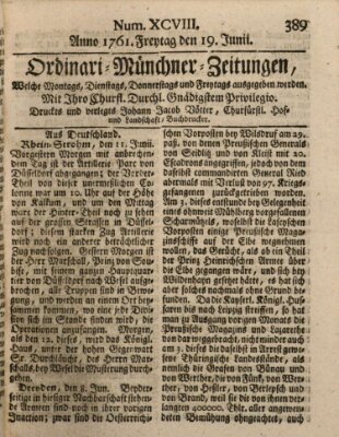 Ordinari-Münchner-Zeitungen (Süddeutsche Presse) Freitag 19. Juni 1761