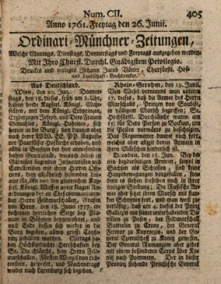 Ordinari-Münchner-Zeitungen (Süddeutsche Presse) Freitag 26. Juni 1761