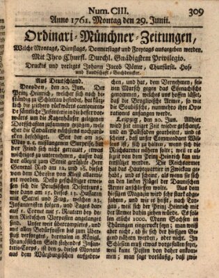 Ordinari-Münchner-Zeitungen (Süddeutsche Presse) Montag 29. Juni 1761