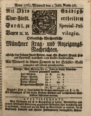 Ordinari-Münchner-Zeitungen (Süddeutsche Presse) Mittwoch 1. Juli 1761