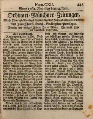 Ordinari-Münchner-Zeitungen (Süddeutsche Presse) Dienstag 14. Juli 1761