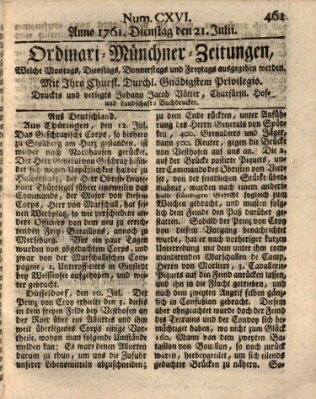 Ordinari-Münchner-Zeitungen (Süddeutsche Presse) Dienstag 21. Juli 1761