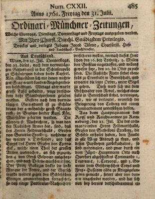 Ordinari-Münchner-Zeitungen (Süddeutsche Presse) Freitag 31. Juli 1761